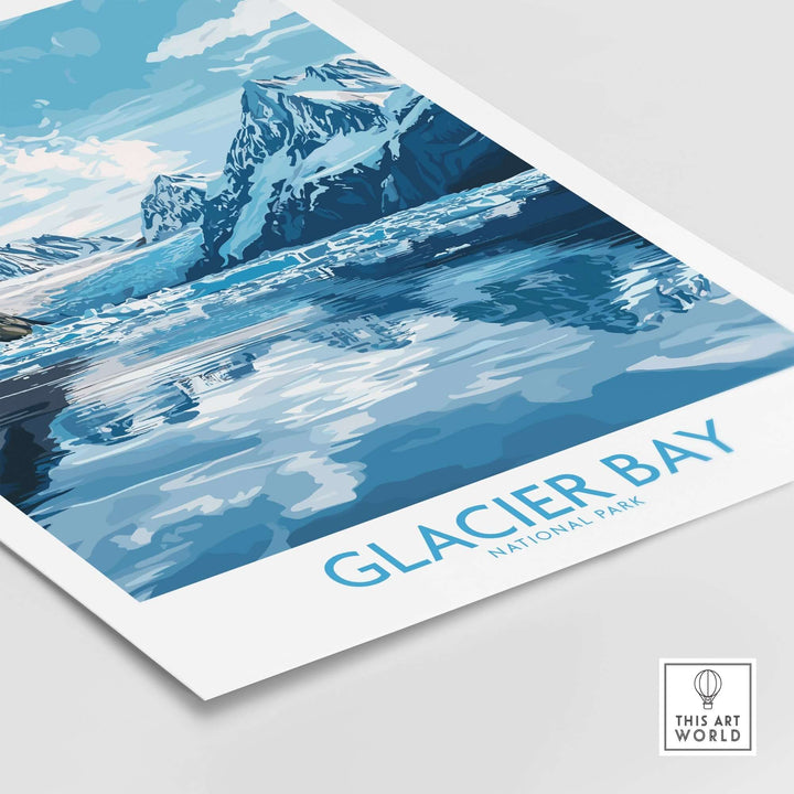 Glacier Bay National Park poster showcasing stunning mountain and water reflections, perfect for nature enthusiasts.