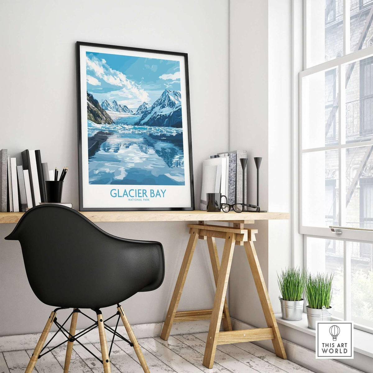 Glacier Bay Poster Alaska displayed on a desk in a stylish home office, showcasing Alaska's stunning scenery.