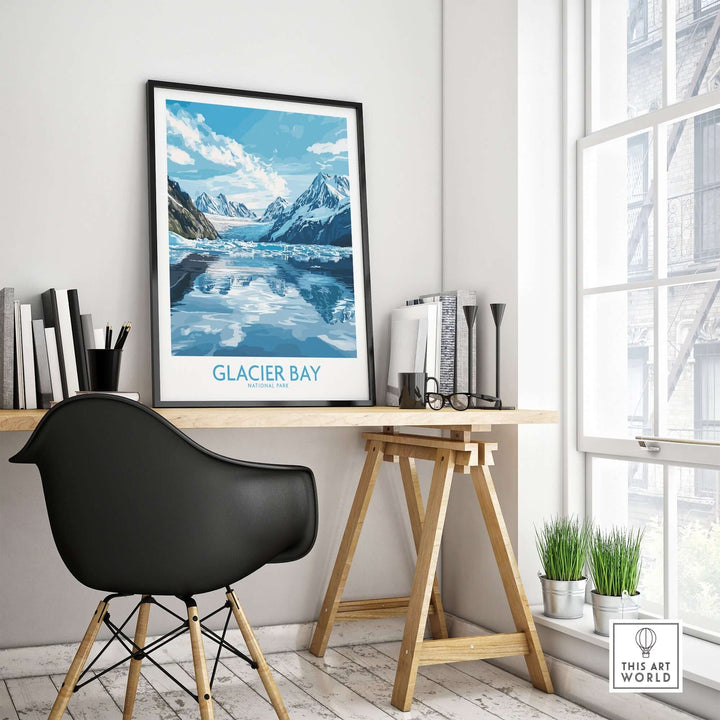 Glacier Bay poster framed on a desk in a stylish workspace, showcasing Alaska's breathtaking landscape and nature.