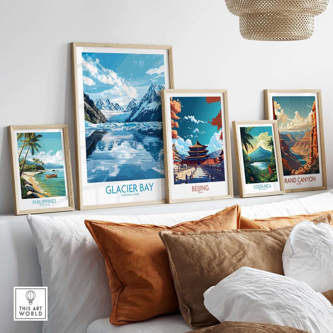 Stunning Glacier Bay poster among framed artworks, showcasing the beauty of Alaska and other travel destinations.