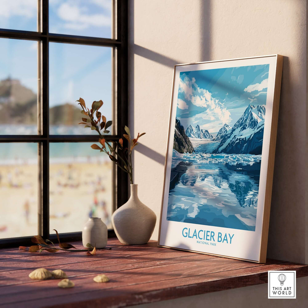 Glacier Bay poster displayed on a windowsill, showcasing stunning Alaskan nature and mountains in a serene setting.