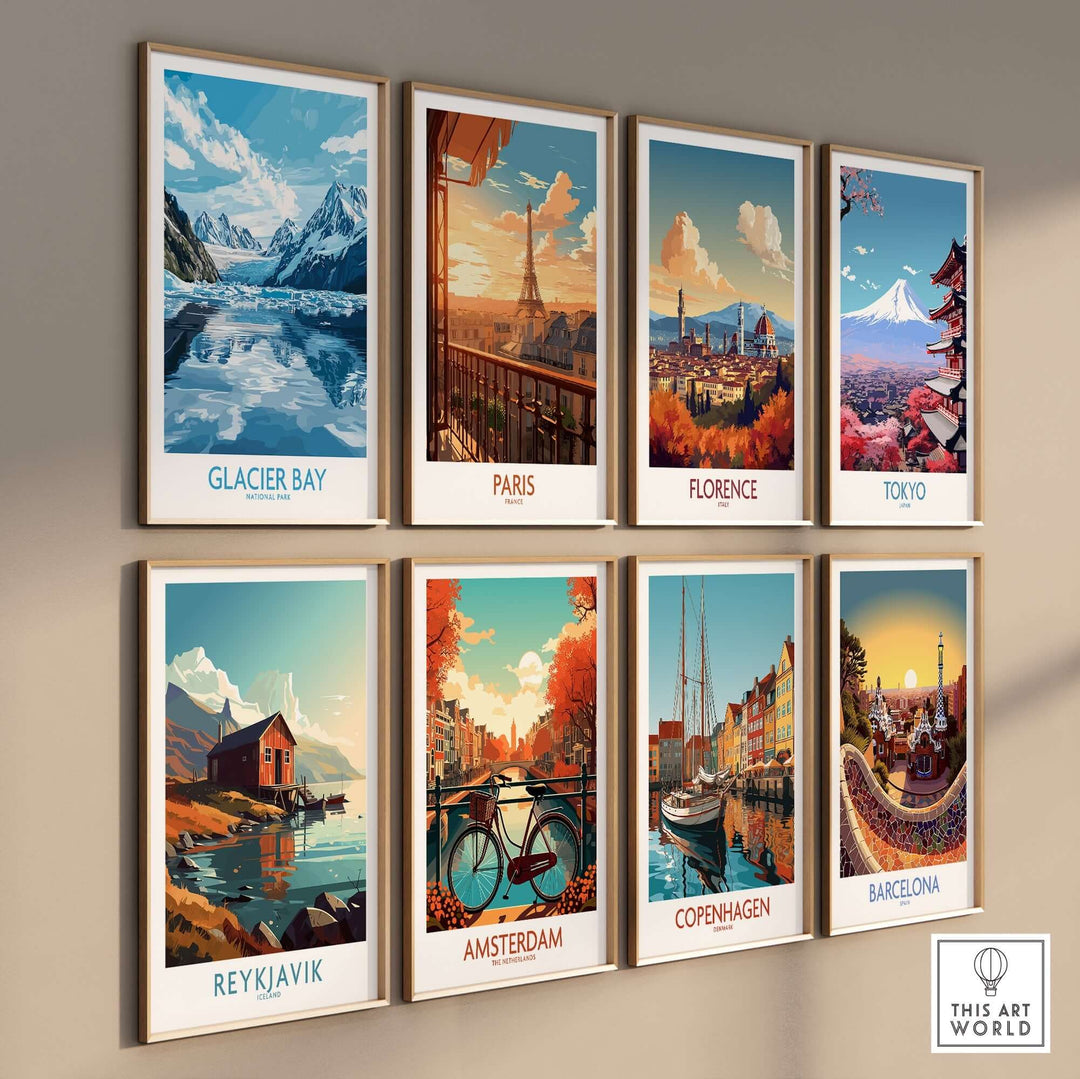 Collection of travel posters featuring Glacier Bay, Paris, Florence, Tokyo, Reykjavik, Amsterdam, Copenhagen, and Barcelona.