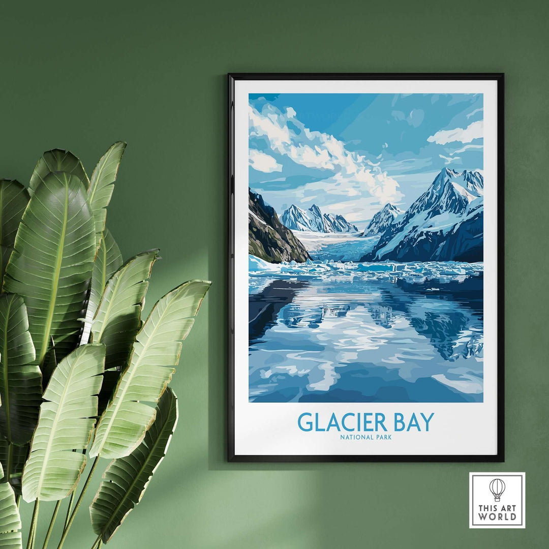 Glacier Bay National Park poster featuring stunning mountain and glacial views, displayed in a stylish home setting.