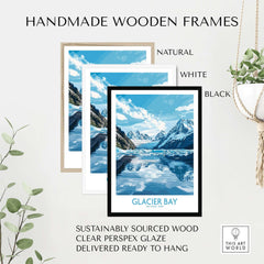 Glacier Bay Poster Alaska displayed in handmade wooden frames in natural, white, and black finishes.