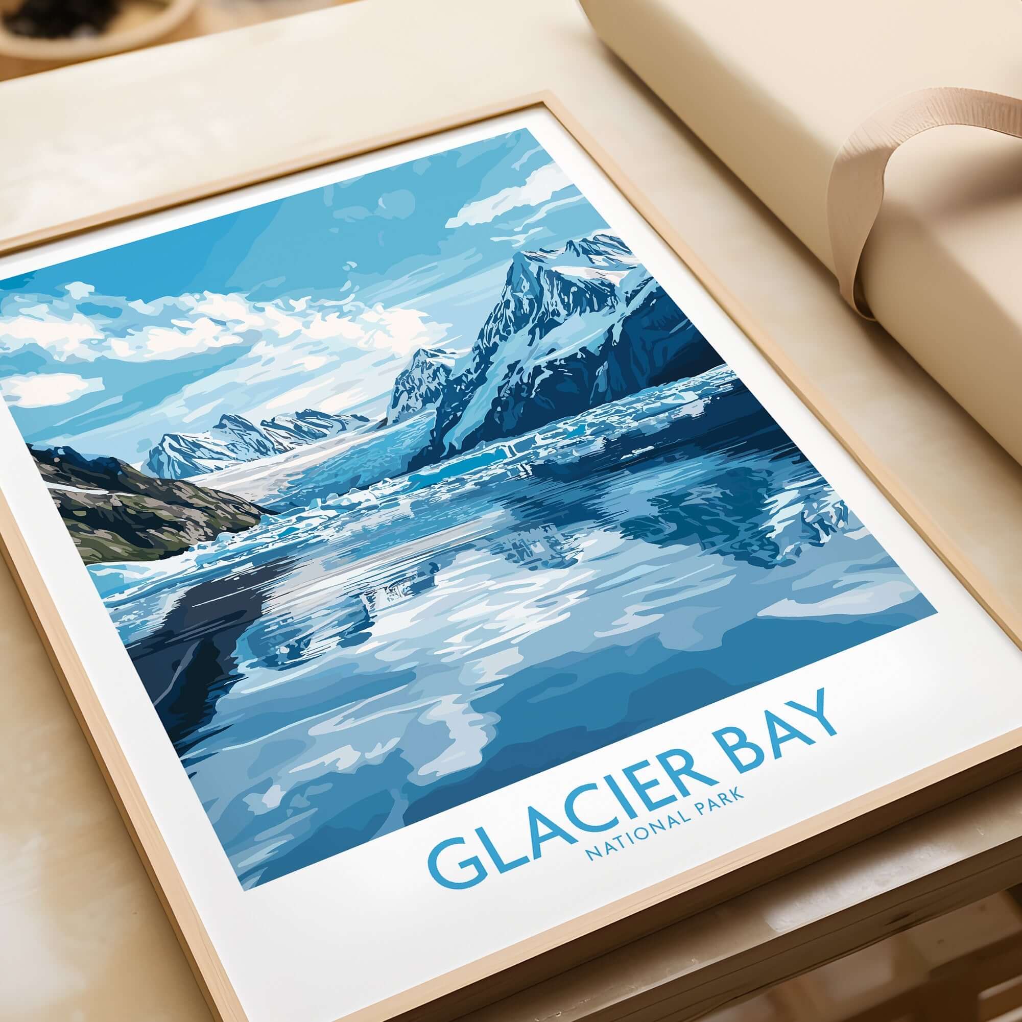 Glacier Bay Poster Alaska showcasing the stunning landscape of Glacier Bay National Park in vibrant colors.