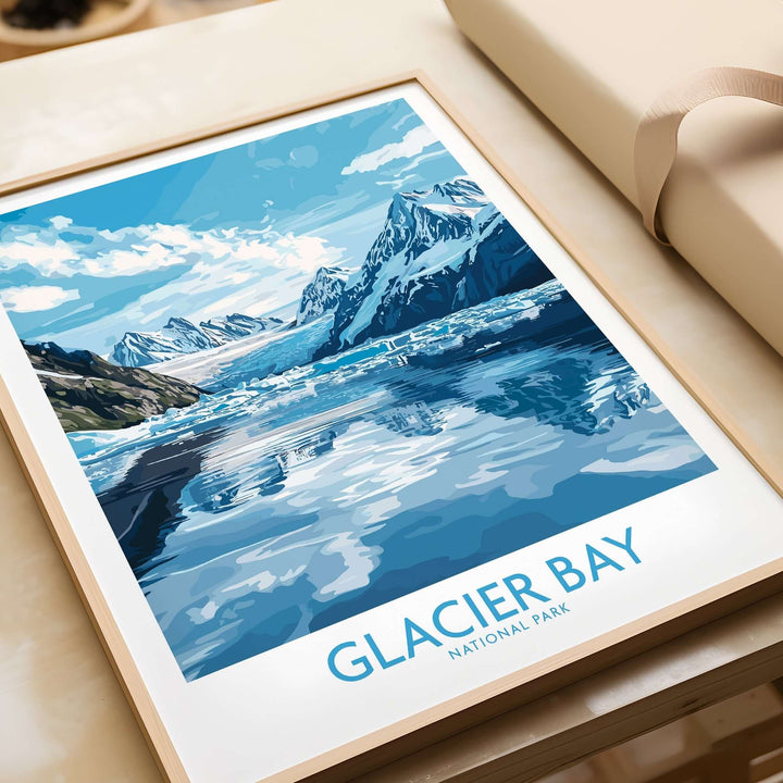 Glacier Bay National Park poster showcasing stunning blue landscape and icy waters, perfect for nature lovers.