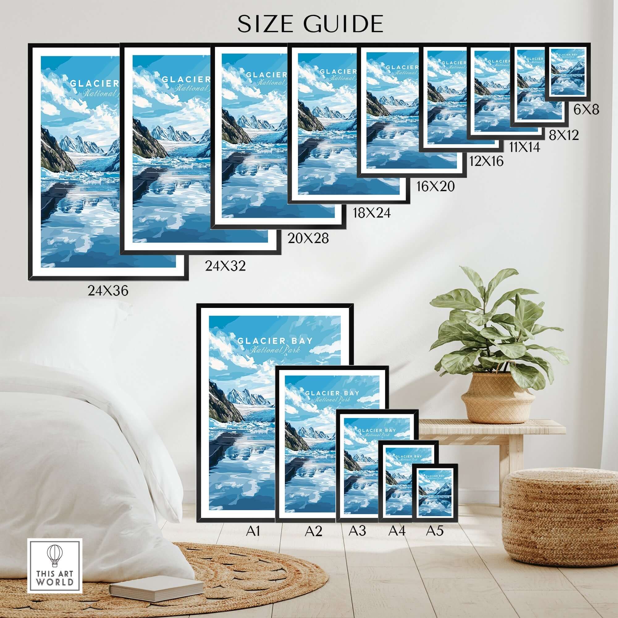 Size guide displaying various frame options for Glacier Bay Print Alaska