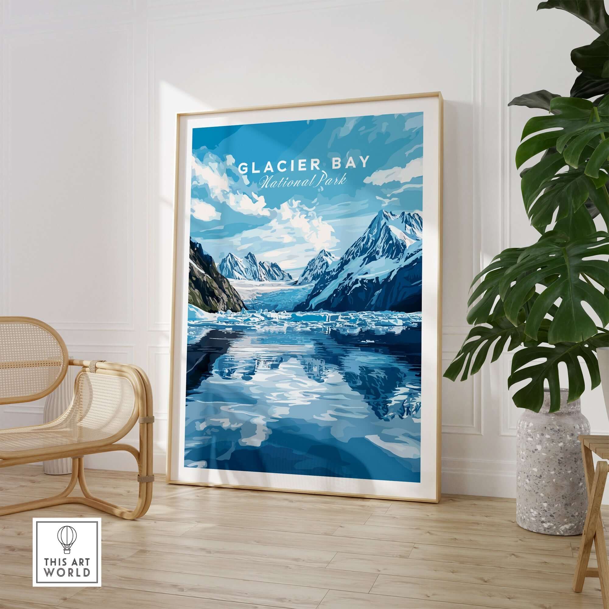 Glacier Bay Print Alaska featuring stunning mountain landscapes and a serene glacier view.