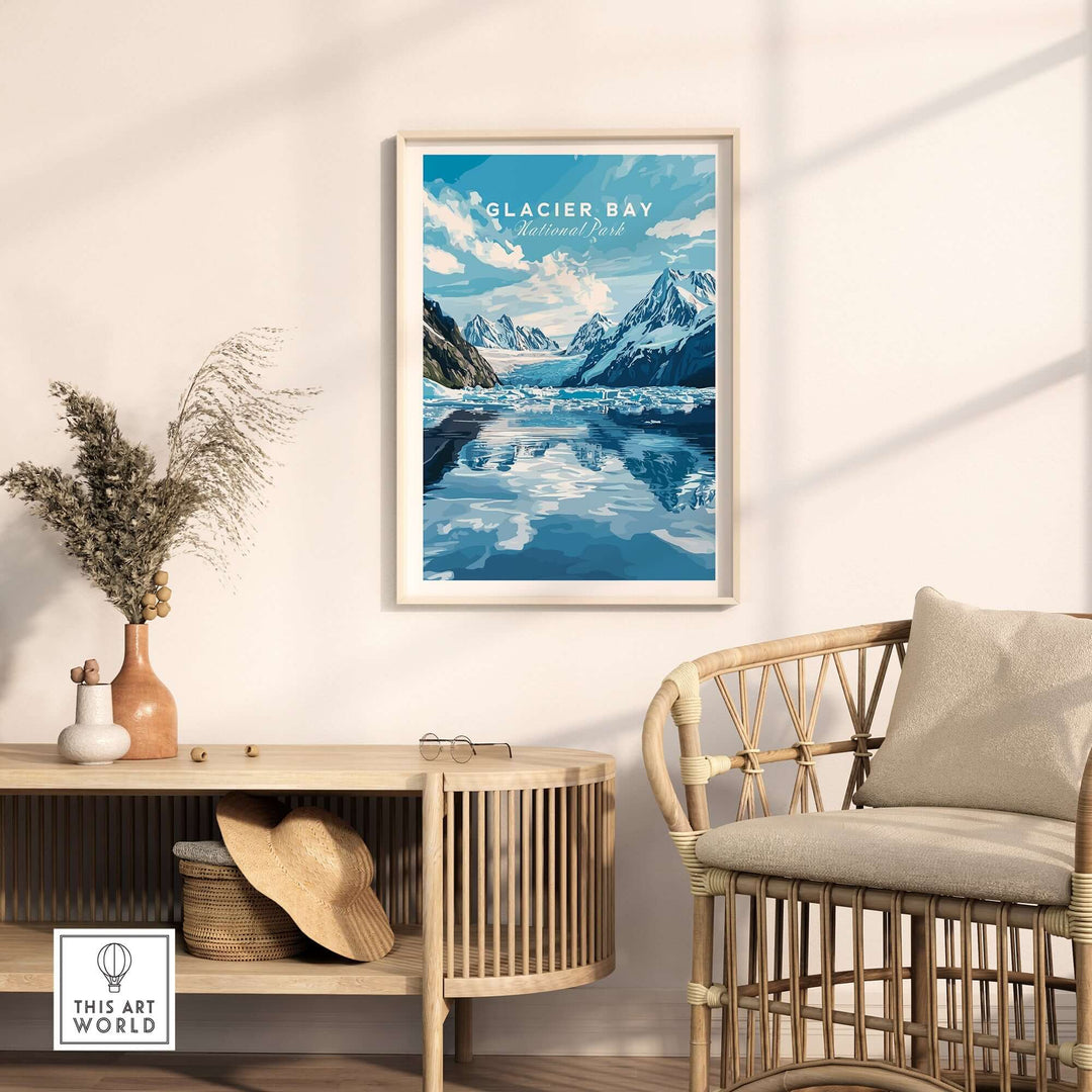 Glacier Bay Print showcasing stunning Alaskan landscapes and majestic glacier framed in a modern living room setting.