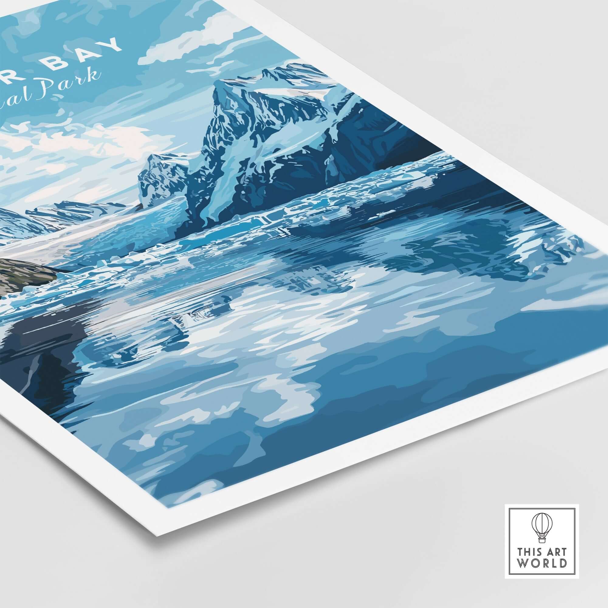 Glacier Bay Print Alaska featuring stunning blue glacier landscapes and serene waters.