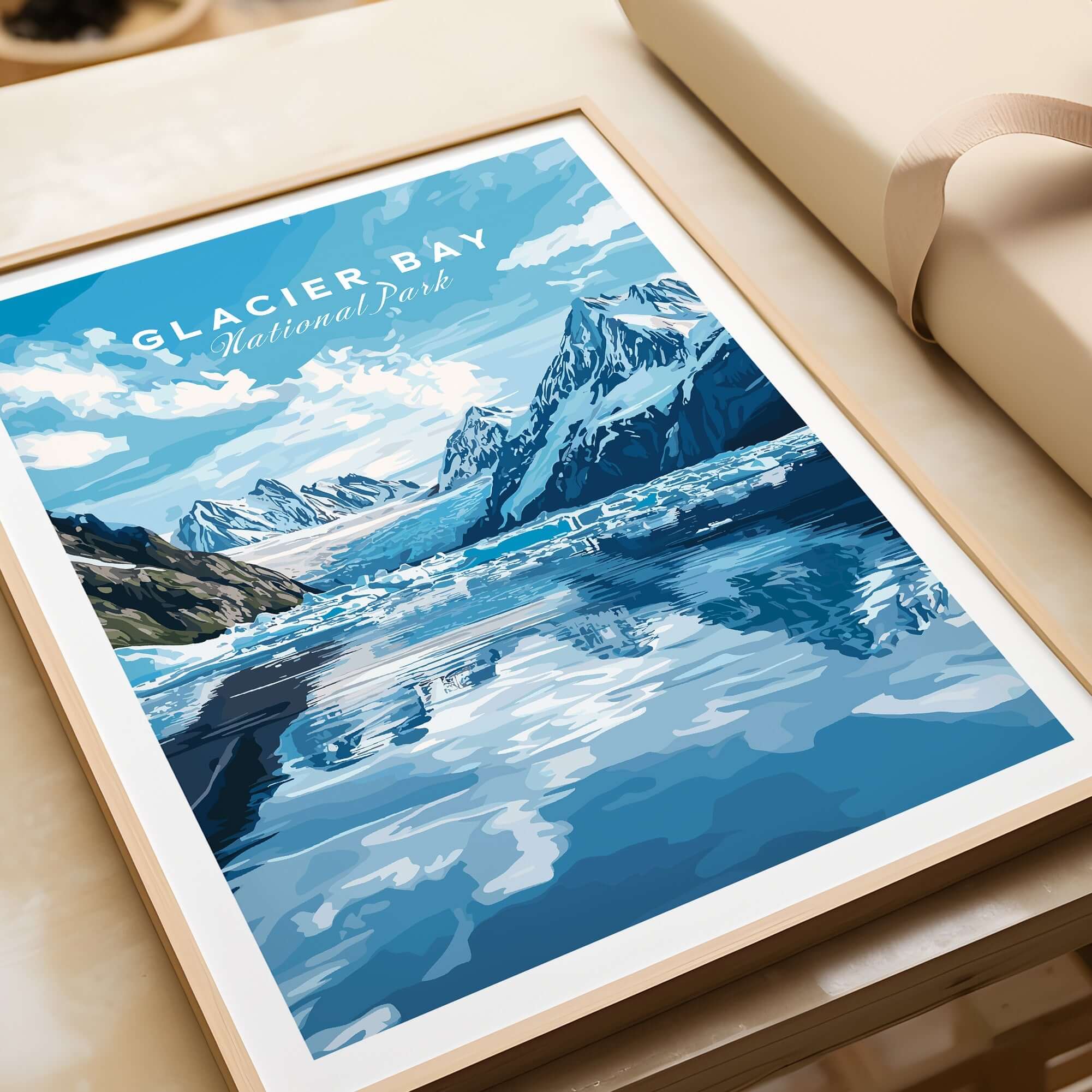 Glacier Bay Print Alaska showcasing a stunning landscape of the national park with mountains and water reflections.