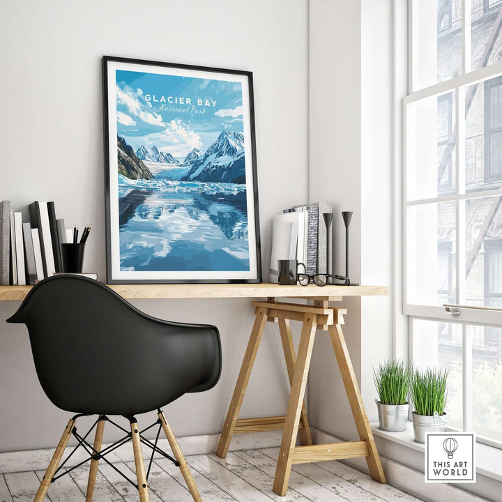 Glacier Bay Print displayed in a contemporary room, showcasing Alaska's stunning glacier landscapes and serene reflections.