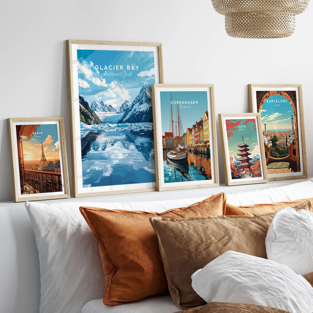 Glacier Bay Print Alaska featured among framed art prints in a cozy living room setting.