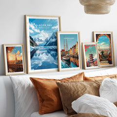 Gallery of travel prints including Glacier Bay Print Alaska, featuring stunning landscapes and iconic landmarks.