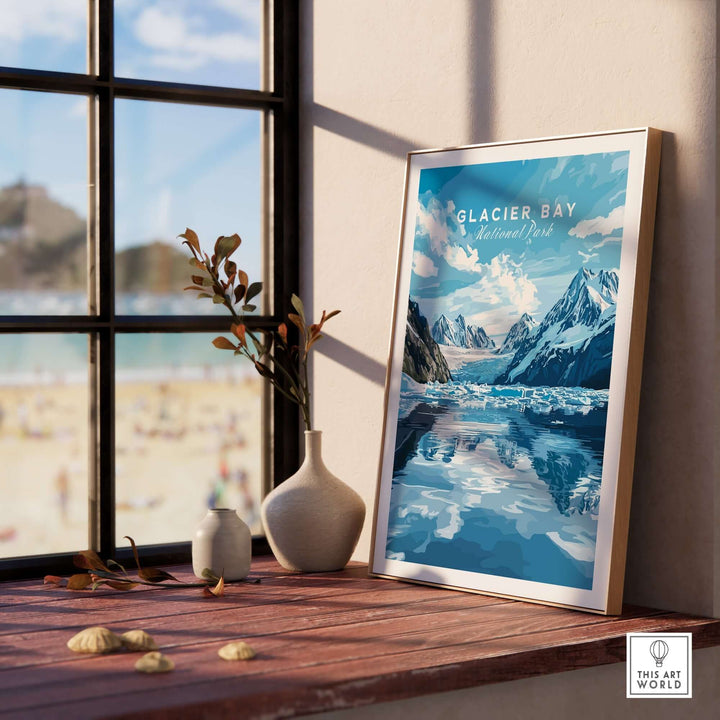 Glacier Bay Print Alaska framed on a wooden shelf with a scenic view, showcasing stunning glaciers and landscapes.