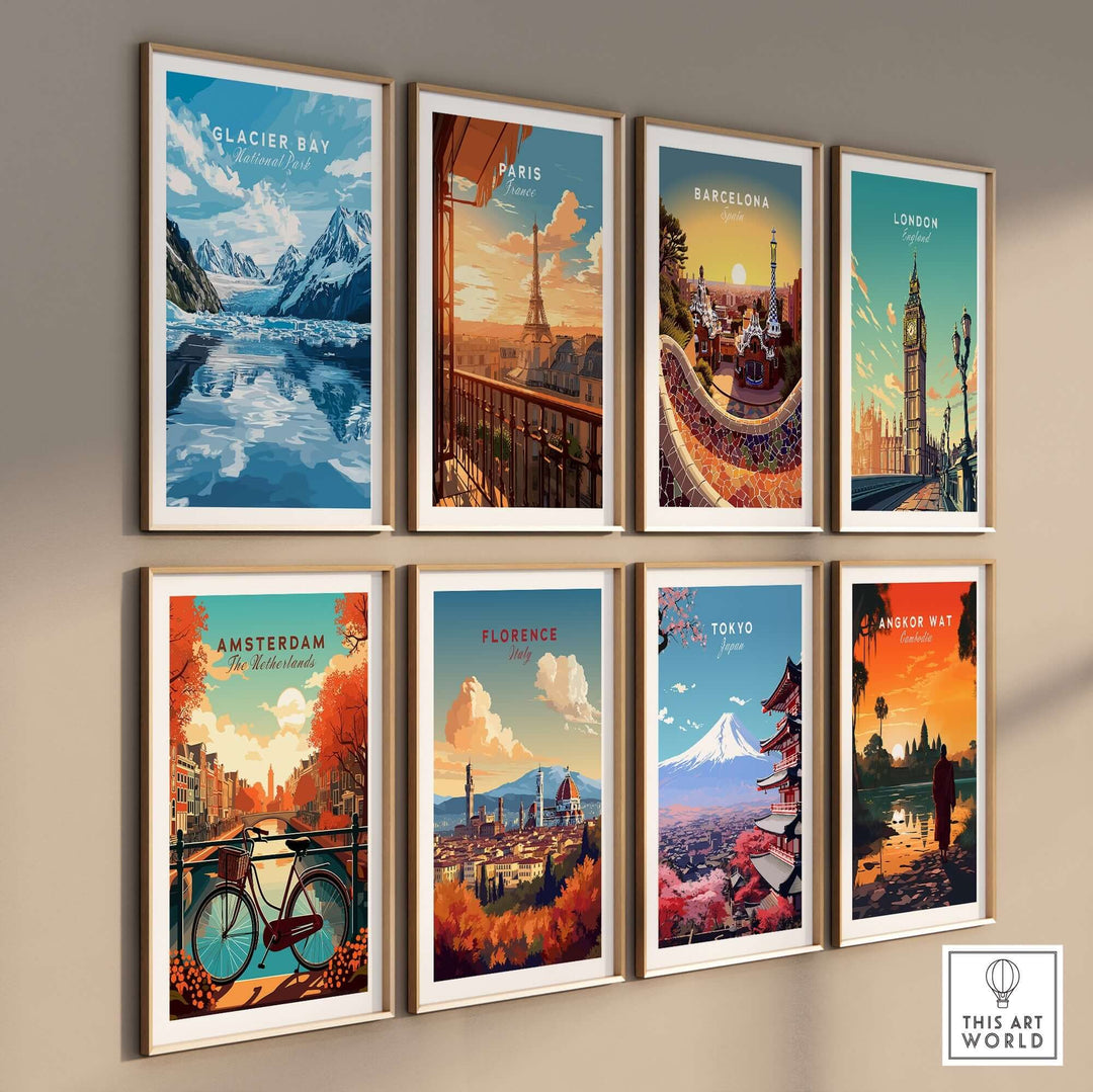 Gallery wall featuring art prints of Glacier Bay, Paris, Barcelona, London, Amsterdam, Florence, Tokyo, and Angkor Wat.