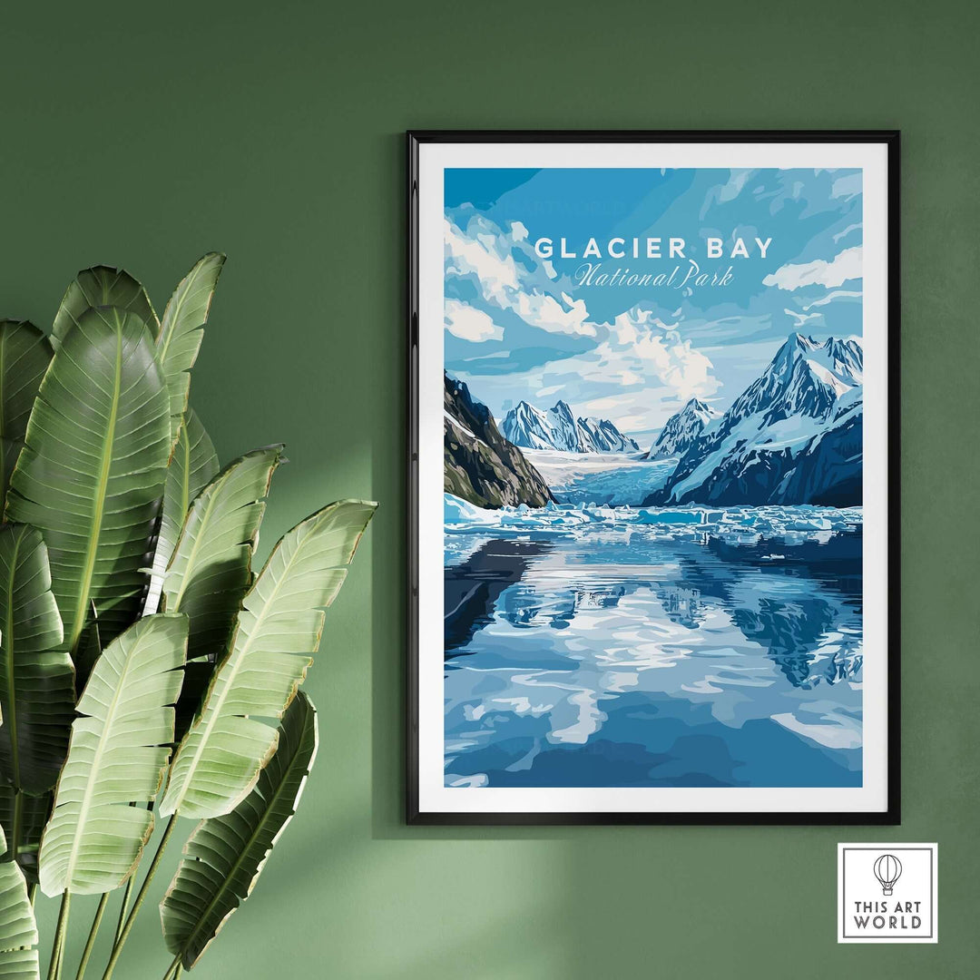 Glacier Bay National Park art print featuring stunning mountains and glacial waters in a modern frame on a green wall.