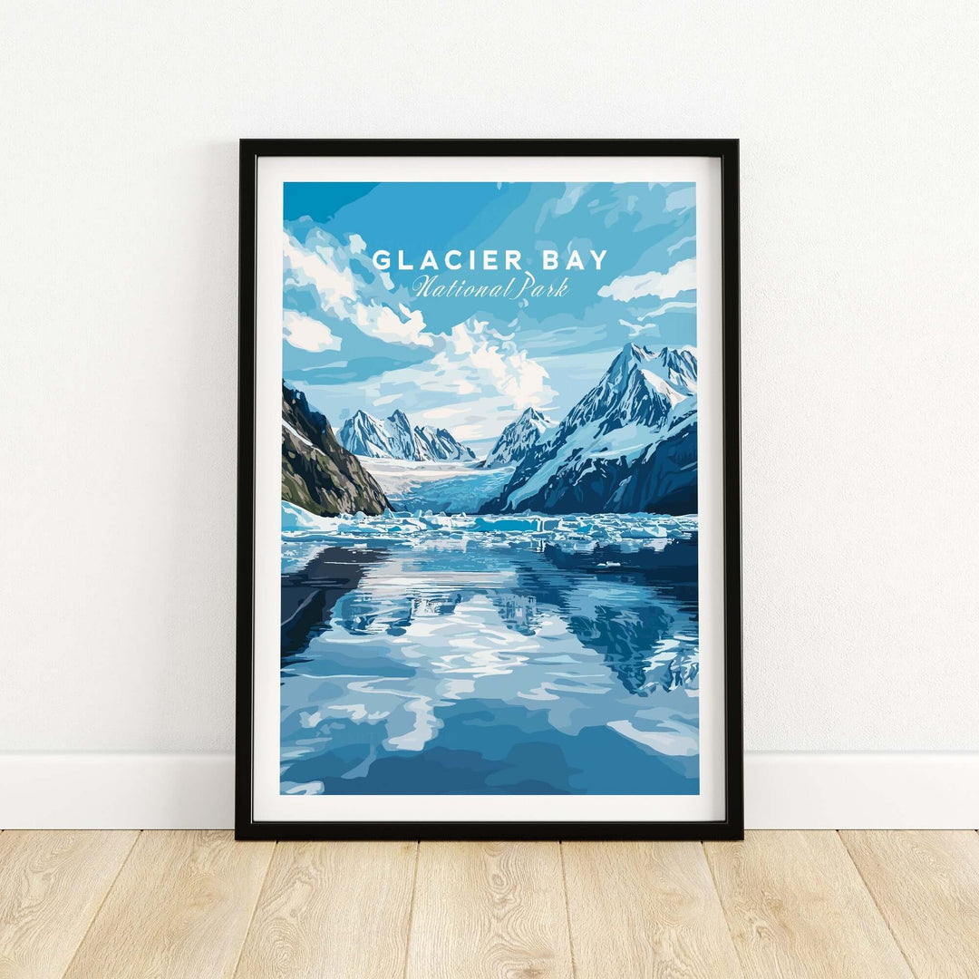 Glacier Bay Print showcasing Alaska's stunning landscapes and majestic glaciers in vibrant blue tones.