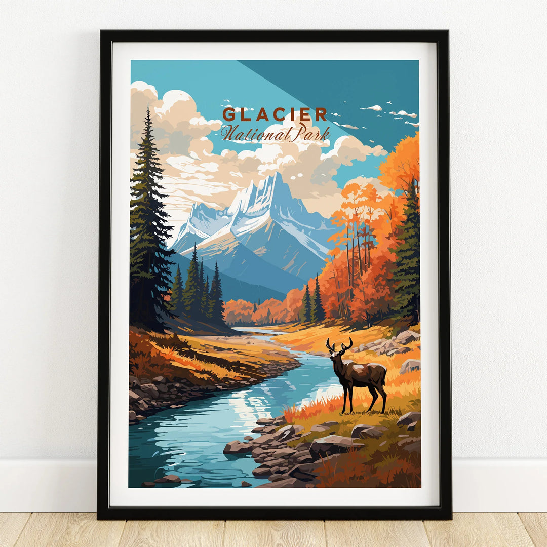 Glacier National Park art print with elk, river, autumn trees, and mountains in black frame