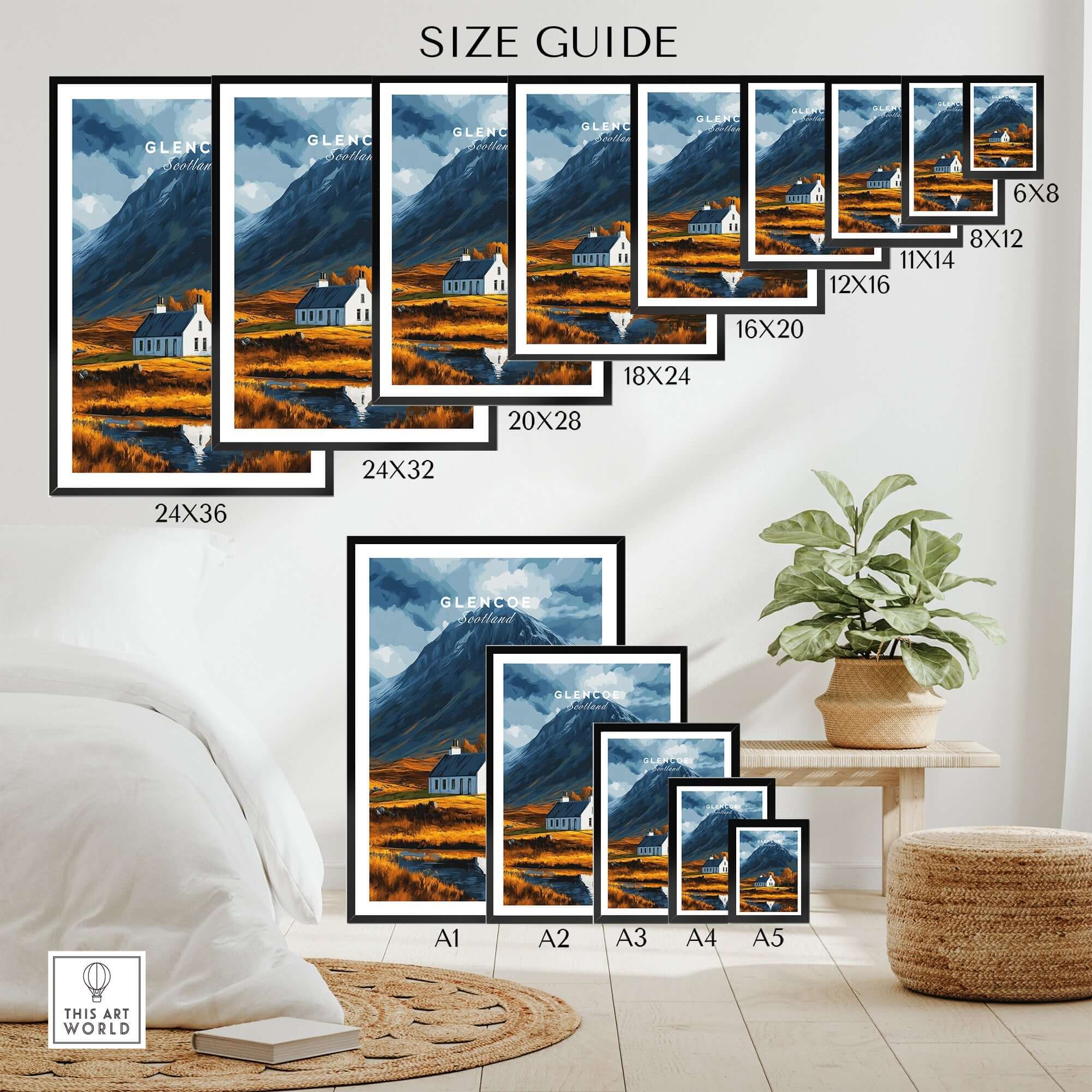 Glencoe Scotland Poster size guide showcasing various frame sizes and a beautiful Highland landscape.