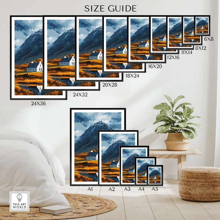 Glencoe Scotland poster size guide with various dimensions for home decor display in a cozy room setting.