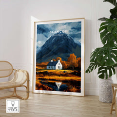Glencoe Scotland Poster showcasing stunning Highland scenery with mountains and a quaint house.