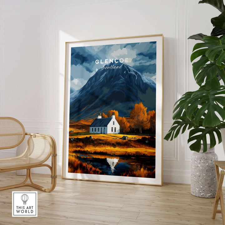 Glencoe Scotland poster featuring a scenic mountain landscape and cottage, perfect for nature lovers and home decor.