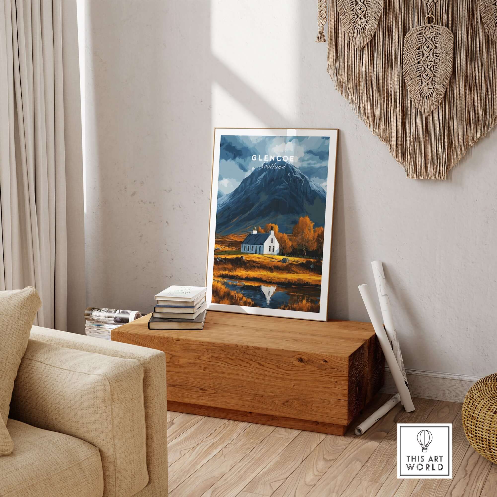 Glencoe Scotland Poster displayed in a stylish living room, showcasing the beauty of the Scottish Highlands.