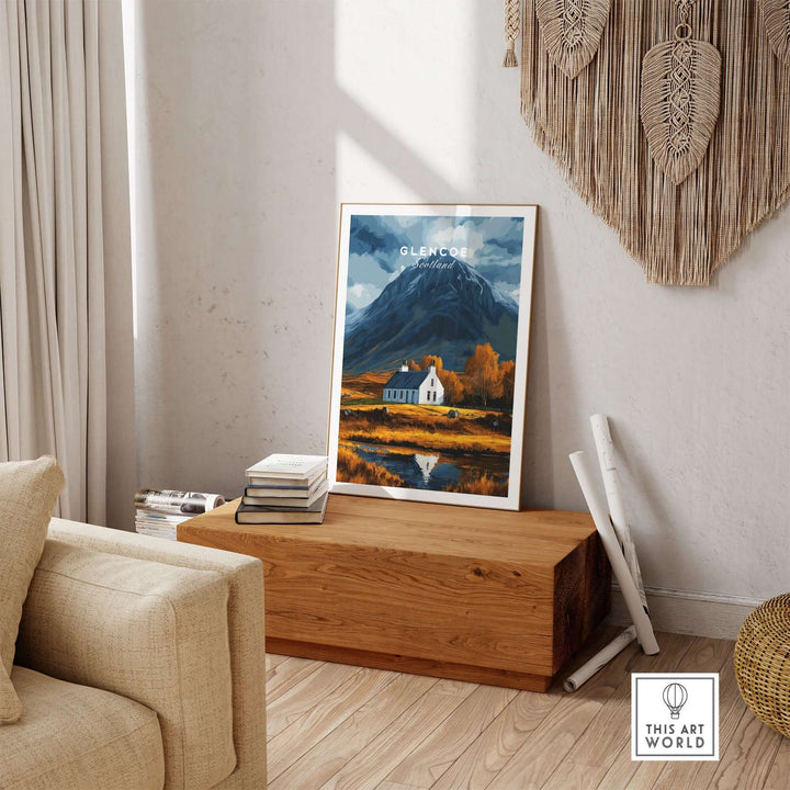 Glencoe Scotland poster displayed in a stylish living room, showcasing the breathtaking Scottish Highlands and a serene landscape.