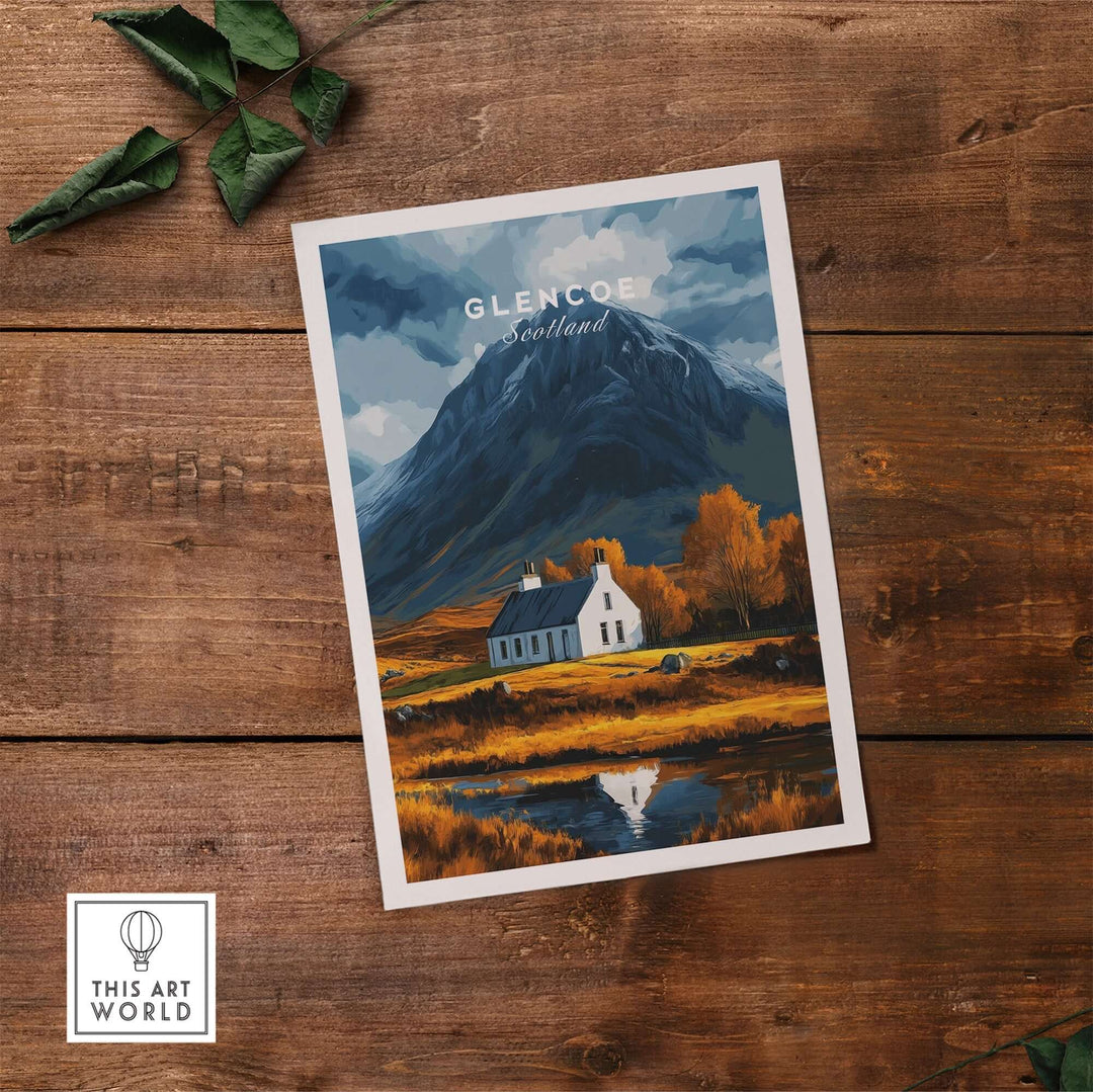 Glencoe Scotland poster featuring majestic highlands, a charming cottage, and vibrant autumn colors on a rustic wooden background.