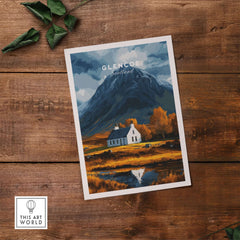 Glencoe Scotland Poster featuring a picturesque landscape of the Scottish Highlands with mountains and a quaint house.