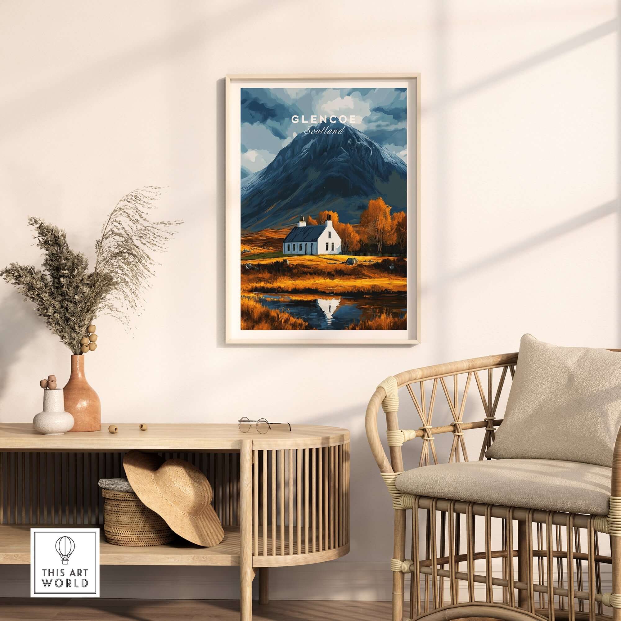 Glencoe Scotland Poster featuring a beautiful landscape with a mountain, framed and displayed in a cozy interior setting.