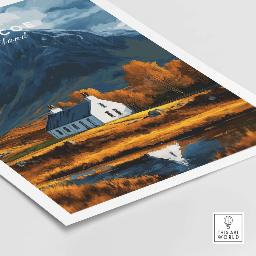 Stunning Glencoe Scotland poster featuring a scenic landscape with mountains, a white house, and autumn colors. Perfect for nature lovers.