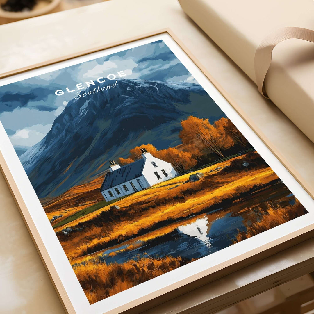 Glencoe Scotland poster showcasing a picturesque mountain scene with a white cottage and vibrant autumn colors.