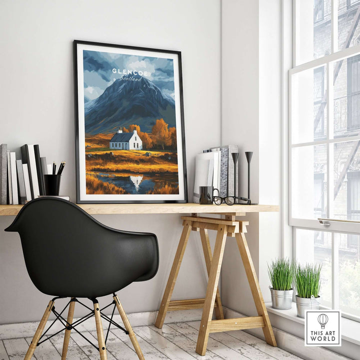 Glencoe Scotland poster displayed in a stylish workspace, showcasing the stunning Scottish Highlands.