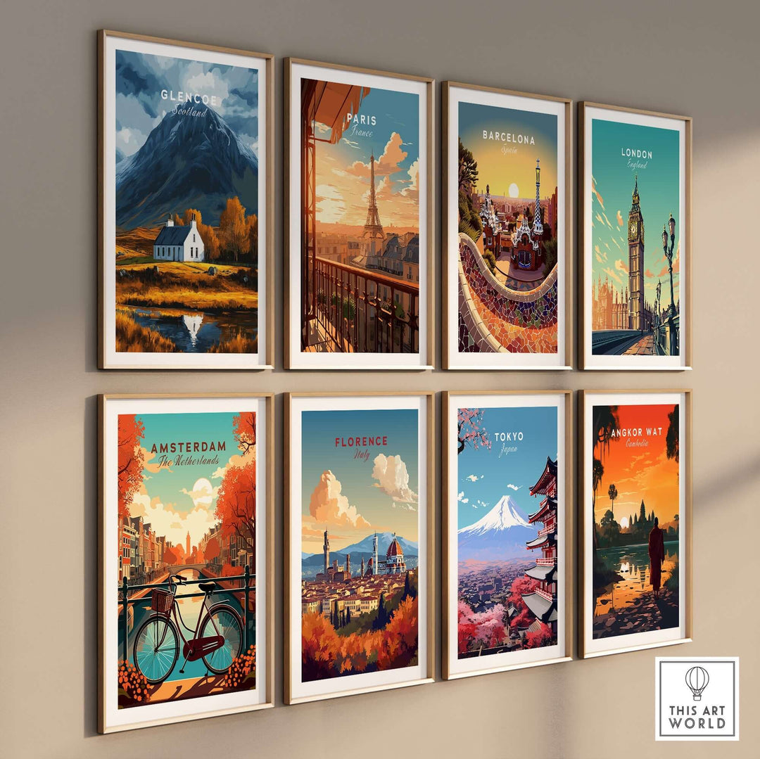 Collection of travel posters including Glencoe, Paris, Barcelona, London, Amsterdam, Florence, Tokyo, and Angkor Wat.