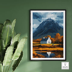 Glencoe Scotland Poster featuring a scenic view of the Highlands with mountains and a cottage.