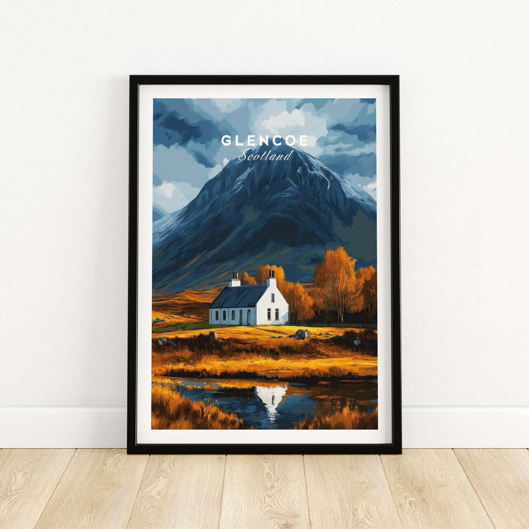 Glencoe Scotland poster featuring a scenic view of mountains and a cottage, perfect for nature lovers and adventurers.