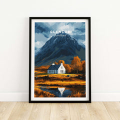 Glencoe Scotland Poster featuring a scenic mountain and cottage landscape, vibrant colors capturing Scotland's beauty.