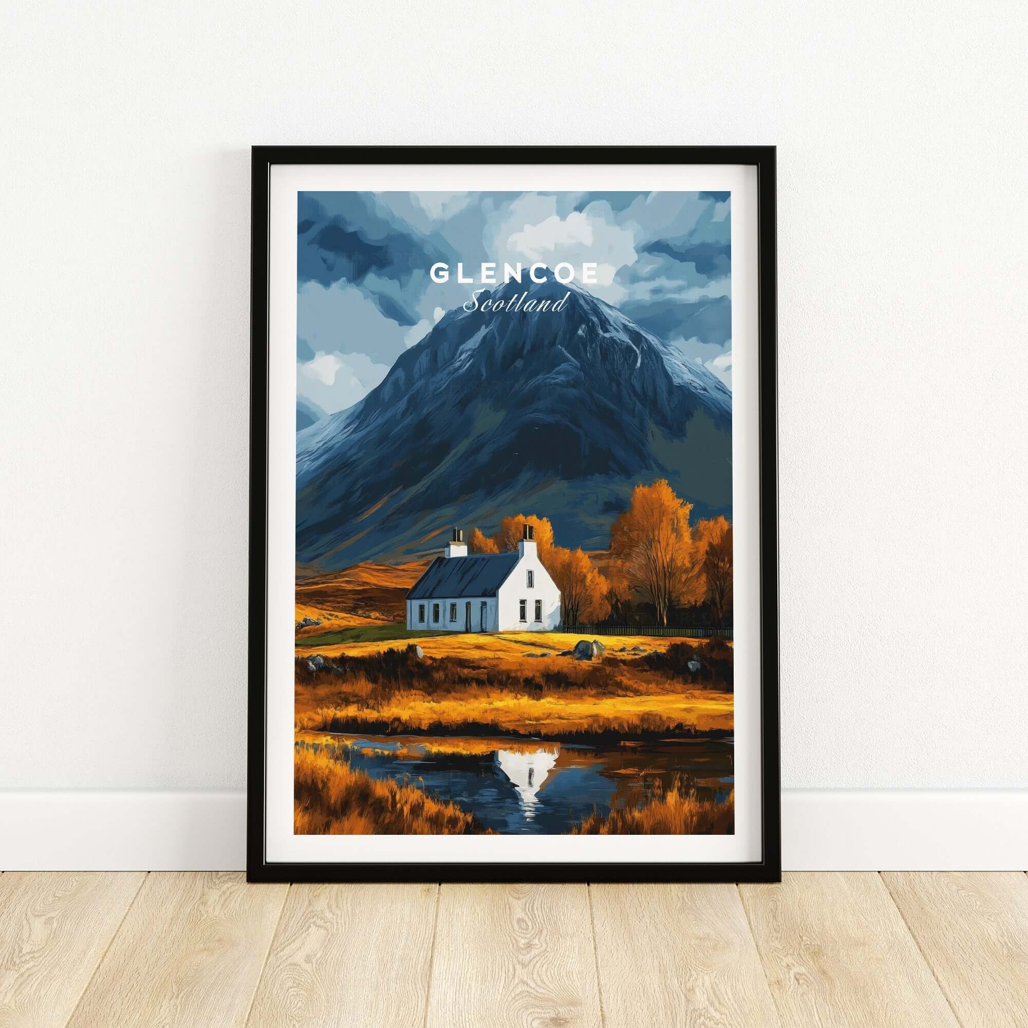 Glencoe Scotland Poster featuring a scenic mountain and cottage landscape, vibrant colors capturing Scotland's beauty.
