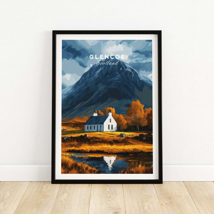 Glencoe Scotland poster featuring a scenic view of mountains and a cottage, perfect for nature lovers and adventurers.