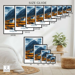 Various sizes of Glencoe Scotland Print displayed in a cozy home setting with a size guide.