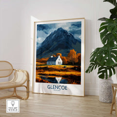 Glencoe Scotland Print showcasing a stunning landscape with a house and mountain, perfect for home decor.