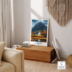 Glencoe Scotland Print featuring a serene Highland landscape, perfect for home or office decor.