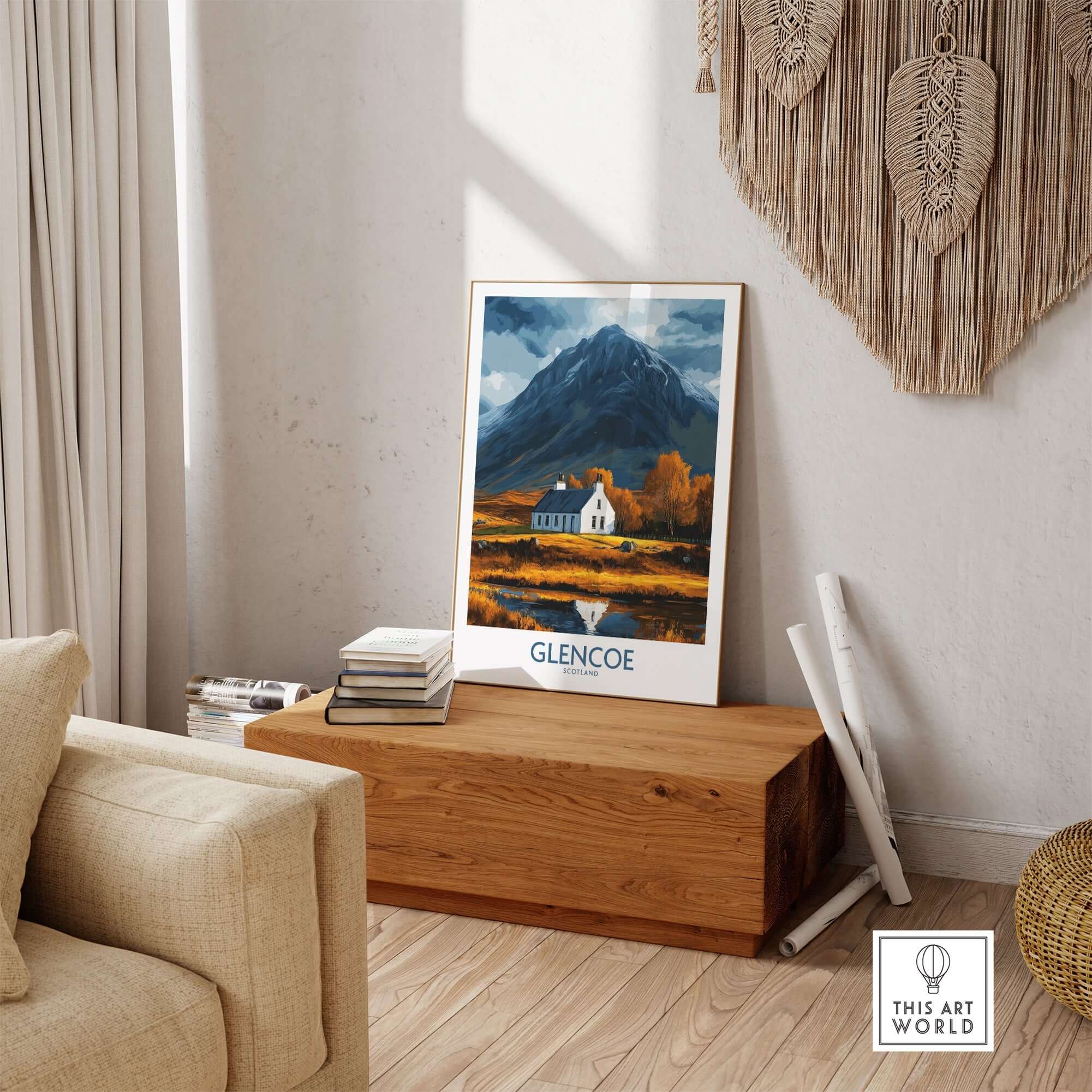 Glencoe Scotland Print featuring a serene Highland landscape, perfect for home or office decor.