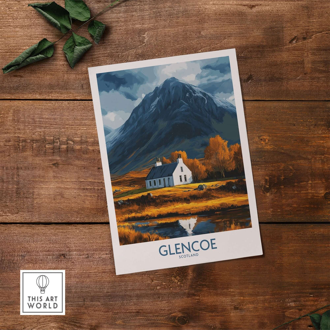 Glencoe Scotland print showcasing a picturesque Highlands landscape with a white cottage and mountains.