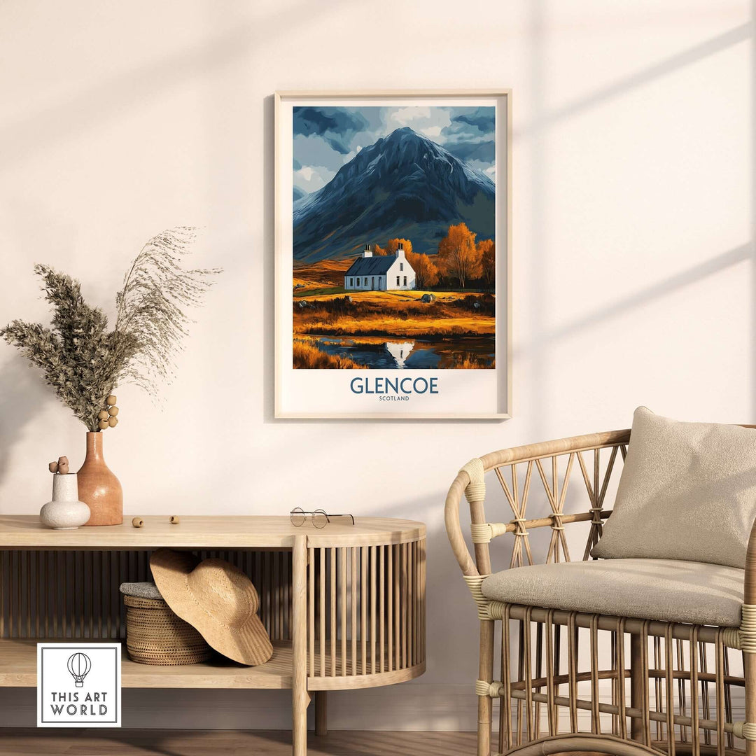 Glencoe Scotland print featuring a traditional house and stunning mountain landscape, perfect for home decor inspiration.