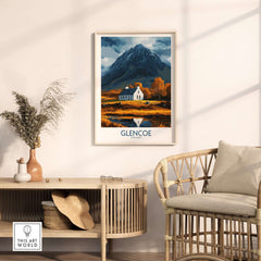Glencoe Scotland Print featuring a scenic Highland landscape with a white house and mountain backdrop.