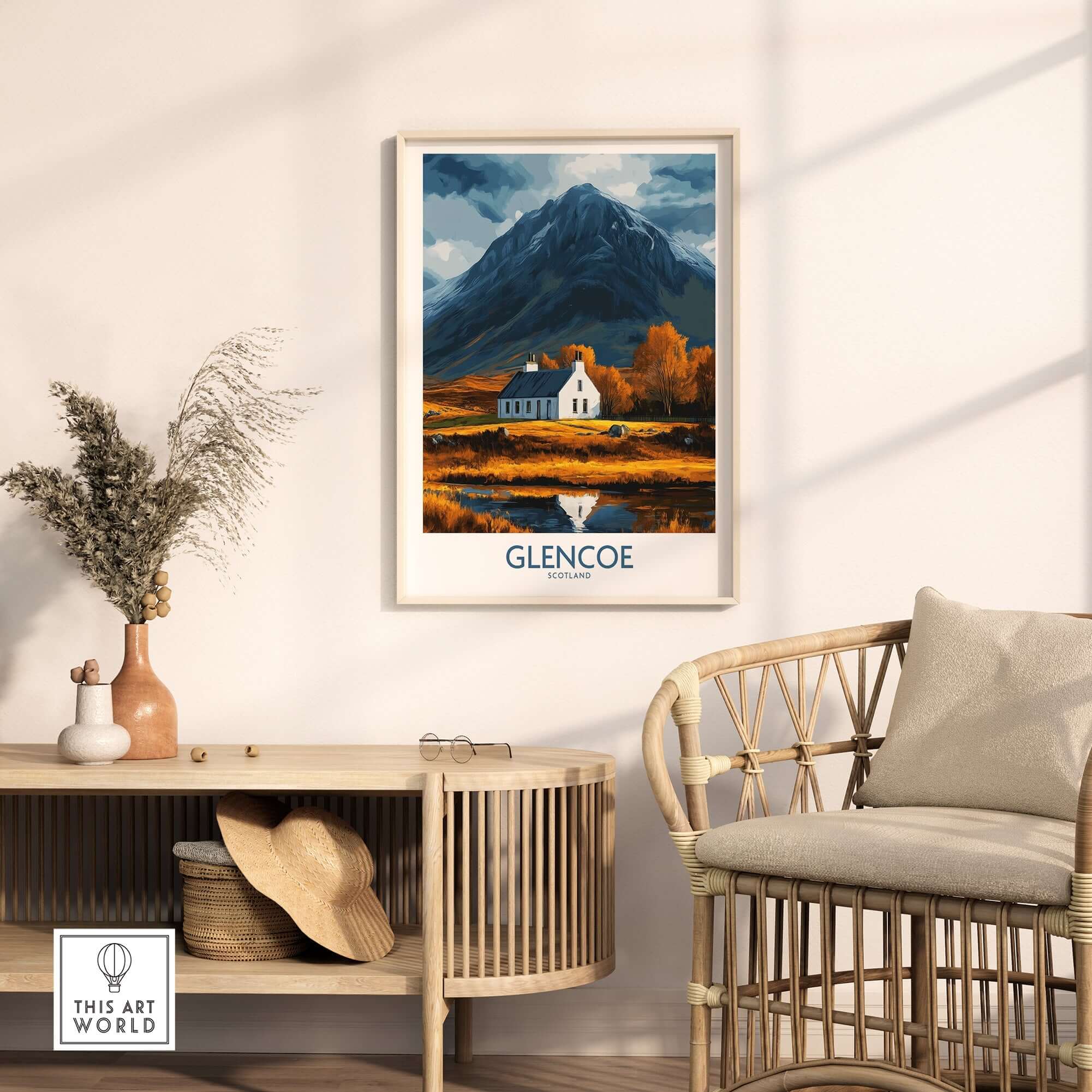Glencoe Scotland Print featuring a scenic Highland landscape with a white house and mountain backdrop.