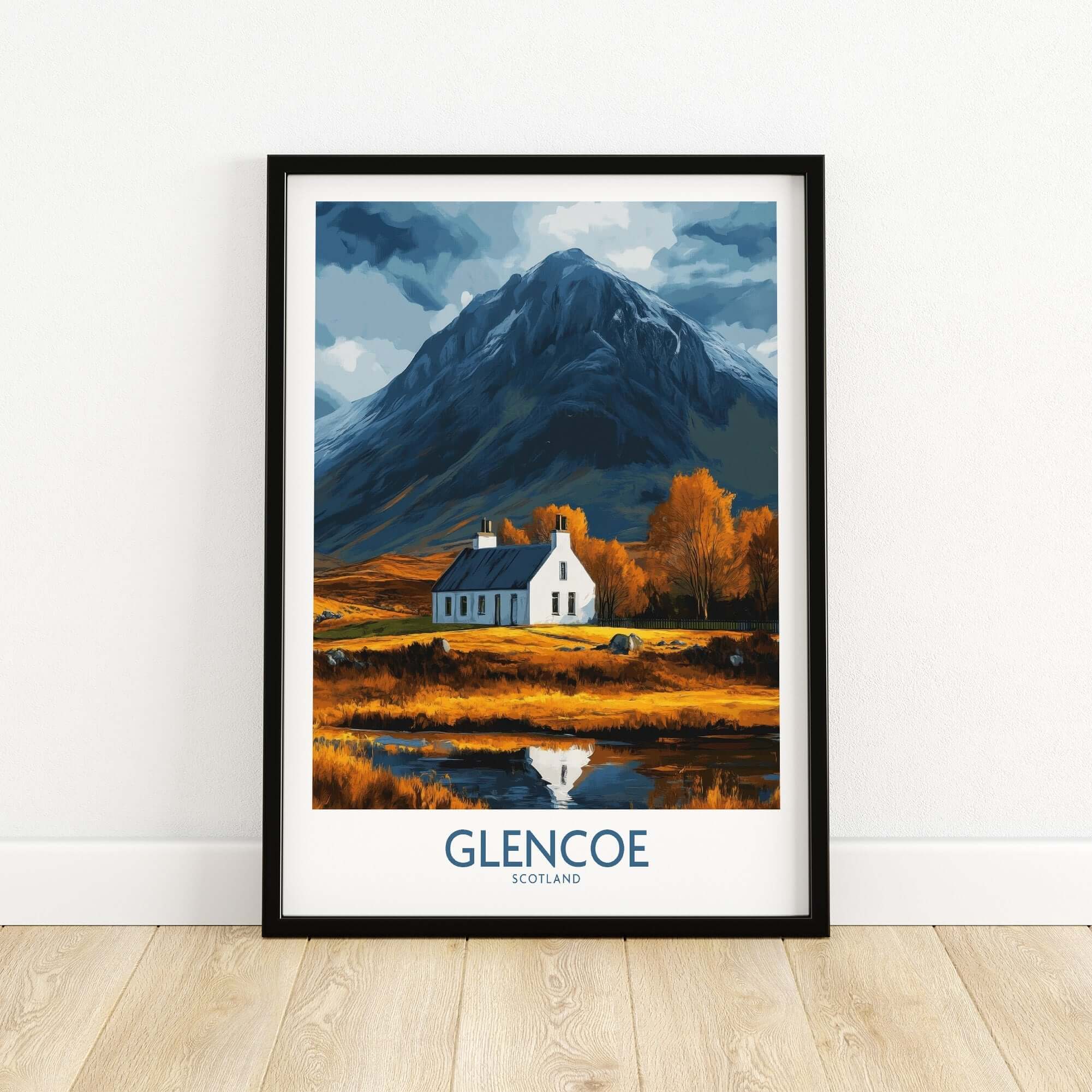 Glencoe Scotland Print featuring a stunning landscape with a house and mountains in the background.
